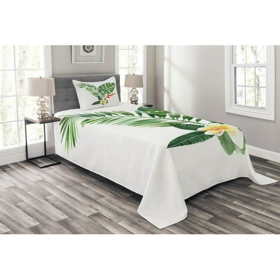 Ambesonne Plant Quilted Bedspread Set 2 Pcs, Blooming Tropical Fern, Twin Size, Fern Green Marigold