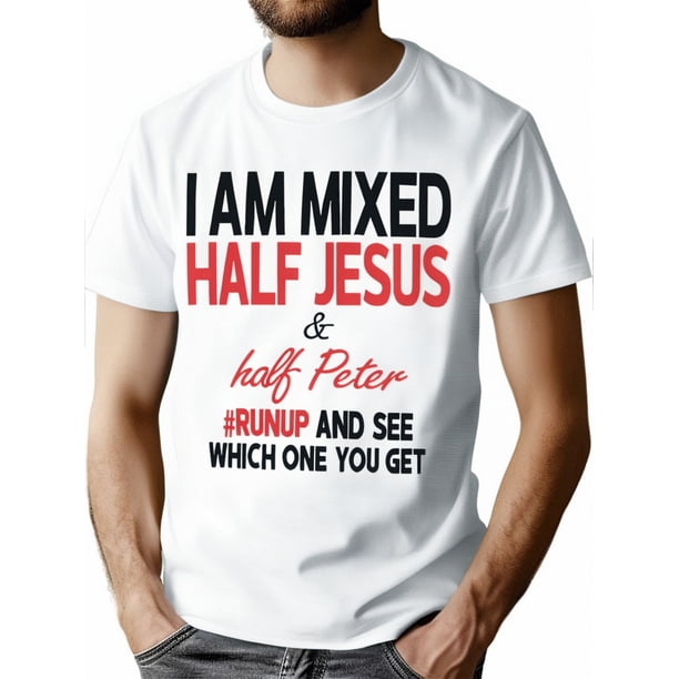 1pc, I'M Mixed, Half Jesus, Half Peter, Christian T Shirt Lion And Jesus Christian T Shirt Exquisite Graphic Print, Round Neck High Street Cotton Short Sleeve T-Shirt, Trendy Graphic T-Shirt, Printed