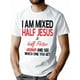 thumbnail image 1 of 1pc, I'M Mixed, Half Jesus, Half Peter, Christian T Shirt Lion And Jesus Christian T Shirt Exquisite Graphic Print, Round Neck High Street Cotton Short Sleeve T-Shirt, Trendy Graphic T-Shirt, Printed, 1 of 6