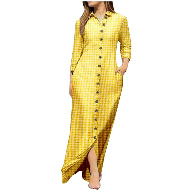 Womens Long Sleeve Button Down Shirts Long Dress V Neck Collared Print Maxi Dress Casual Loose Basic Pockets Dress