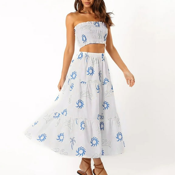 Sakmal Womens Dresses Summer Blue Long Crew Neck Pleated Cutout Sleeveless Graphic Flowy Sundress