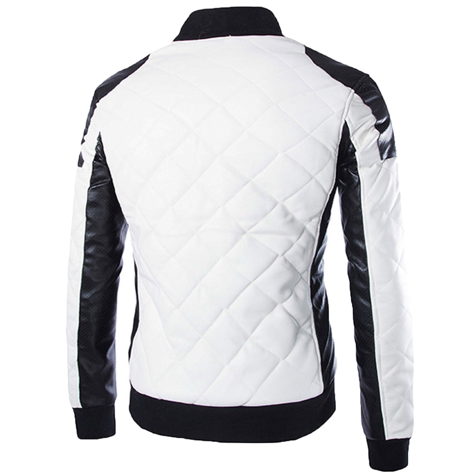 YODETEY Men Casual Color Matching Leather Stand-Up Collar Zipper Jacket Coats White 6(L)