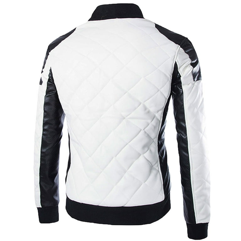 WXLWZYWL Men's PU Faux Leather Jacket White Black Moto Bomber Slim