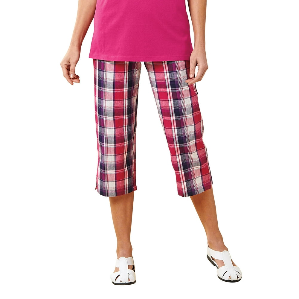 Easy Essentials Plaid Capri Pants for Women Casual Relaxed Fit Wide
