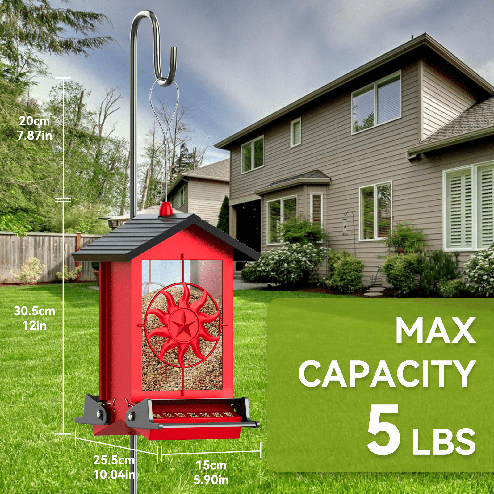 Squirrel Proof Bird Feeder for Outdoors Hanging, Metal Wild Bird Seed Feeder with Bilateral Weight-Activated Perches, 5LB Large Capacity Wild Bird Feeders for Outside Finch, Cardinal, Blue Jay
