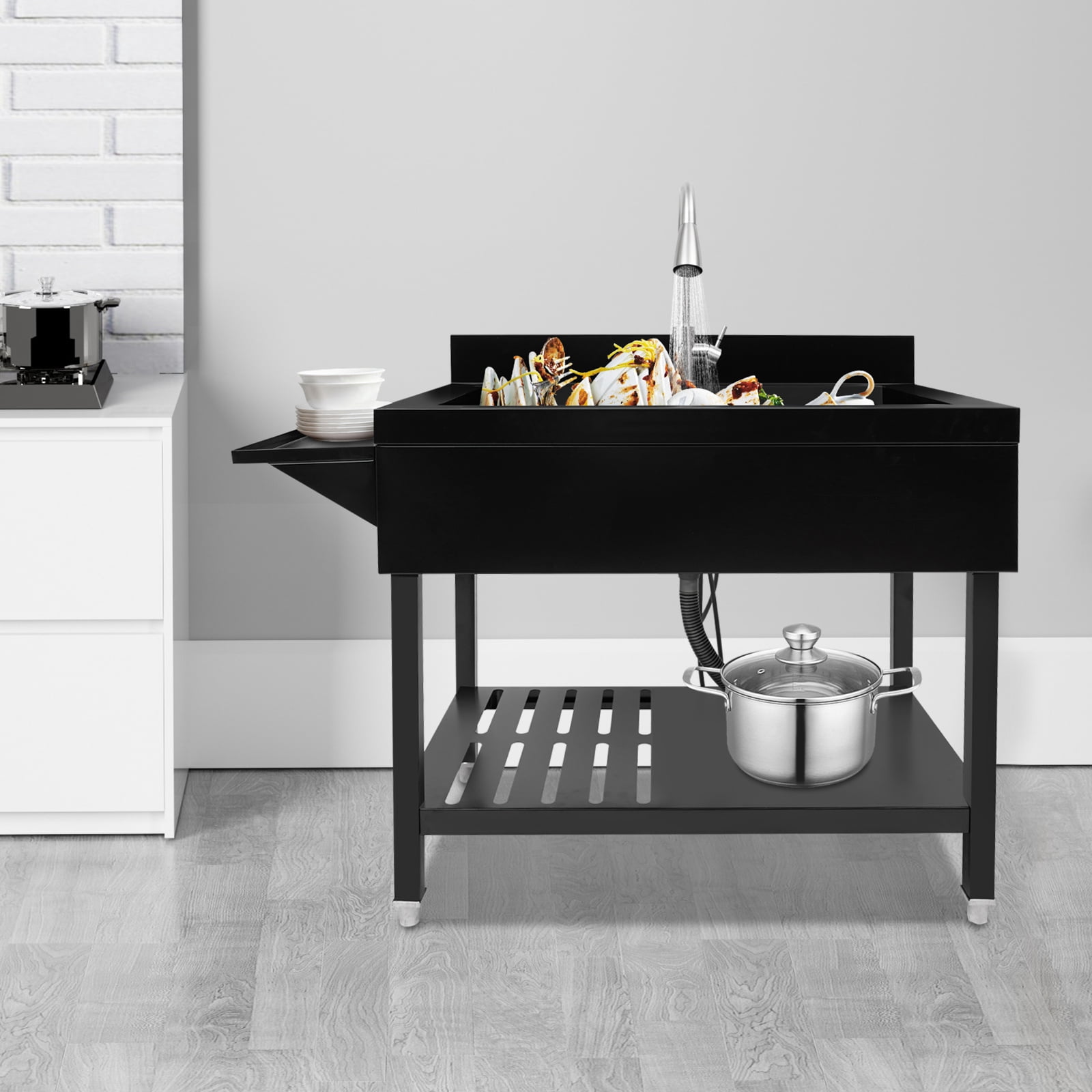 Freestanding Single Bowl Kitchen Sink, Black Stainless Steel Sink, Utility Sink with Faucet and Storage Shelf, for Kitchen Restaurant Garage