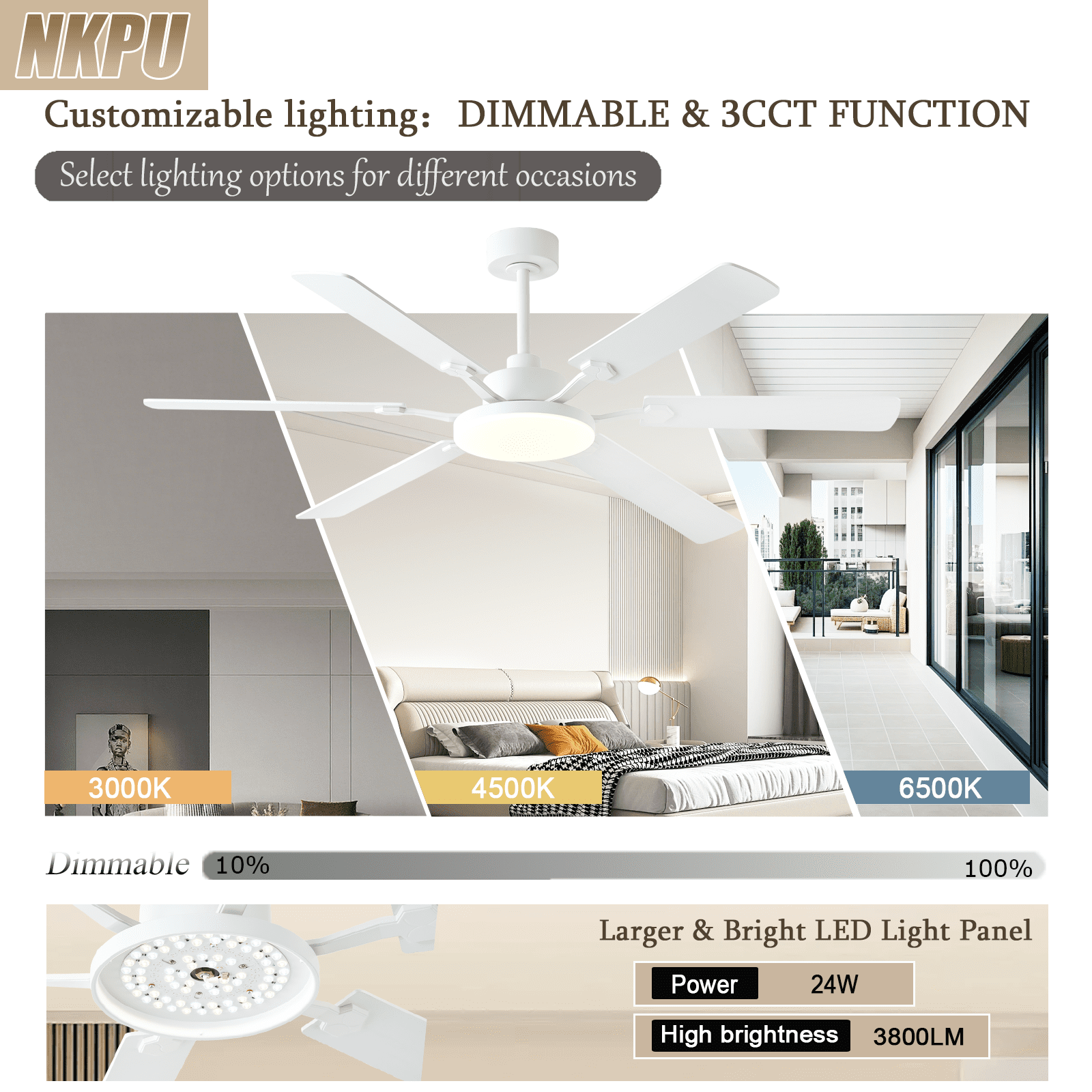 60 Inch Ceiling Fans with Lights, Large Modern White Ceiling Fan with Light and Remote Control, 6 Double Sided Blades, 6 Speed Reversible Motor, Dimmable LED, Silent Timing, Indoor Outdoor Patio Use