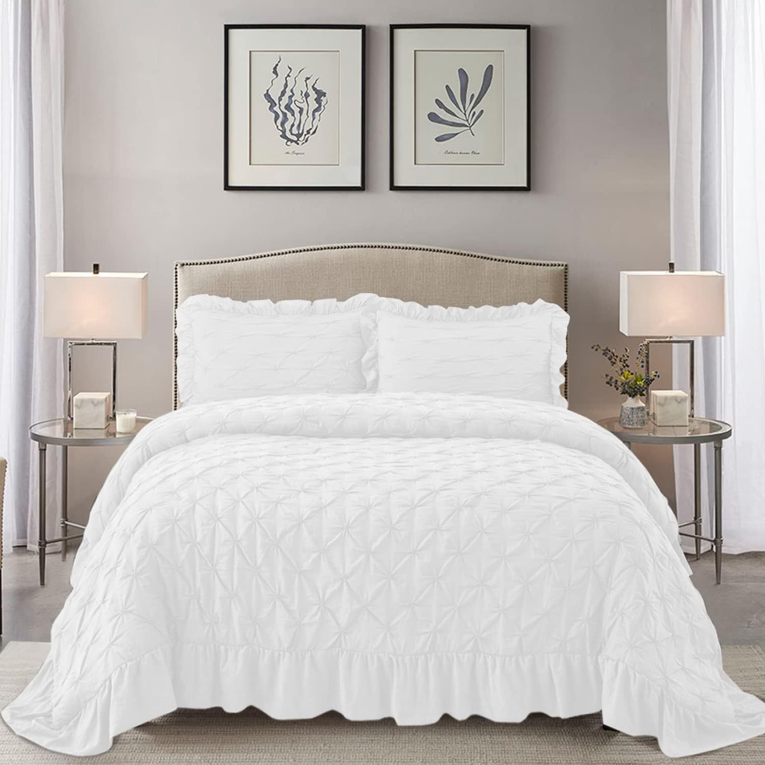 MYXIO White Ruffle Comforter Set, 3Piece King Size Pintuck Bedding Set