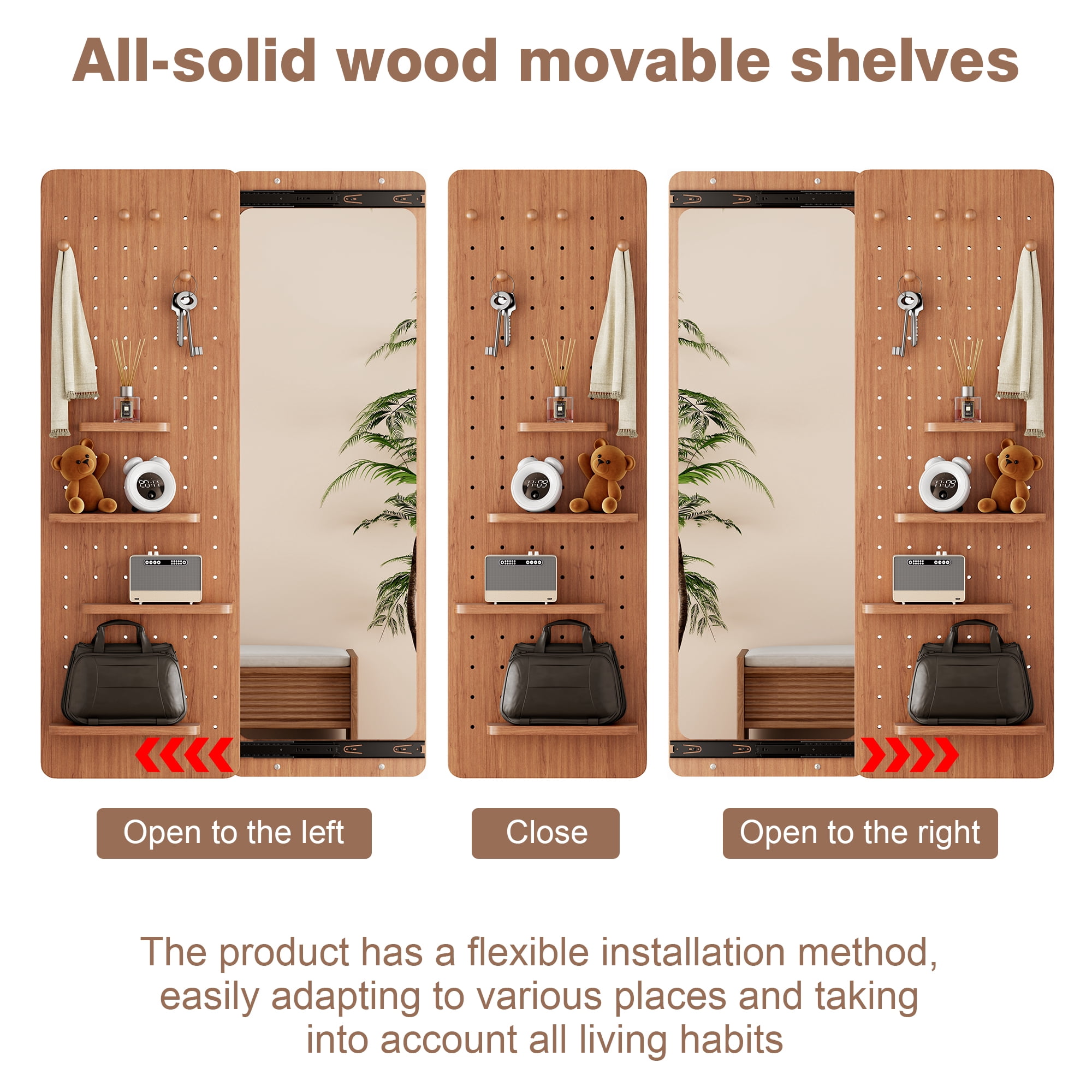 Wall-Mounted Full-Length Mirror with Shelves and Hooks, Push-Pull Panel Design with Dual-Slide Hardware for Bedroom, Cherry