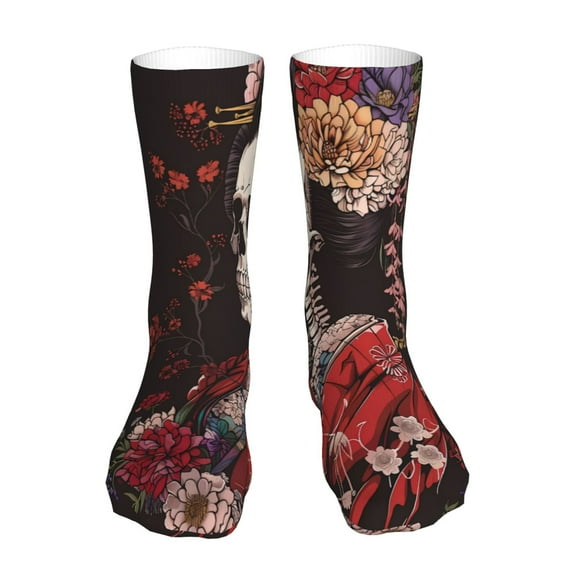 Easygdp Geisha Skeleton With Flowers Ankle Socks for Women Stocking Mid Calf Socks Ultra Stretchy for Boots Sneakers Loafer
