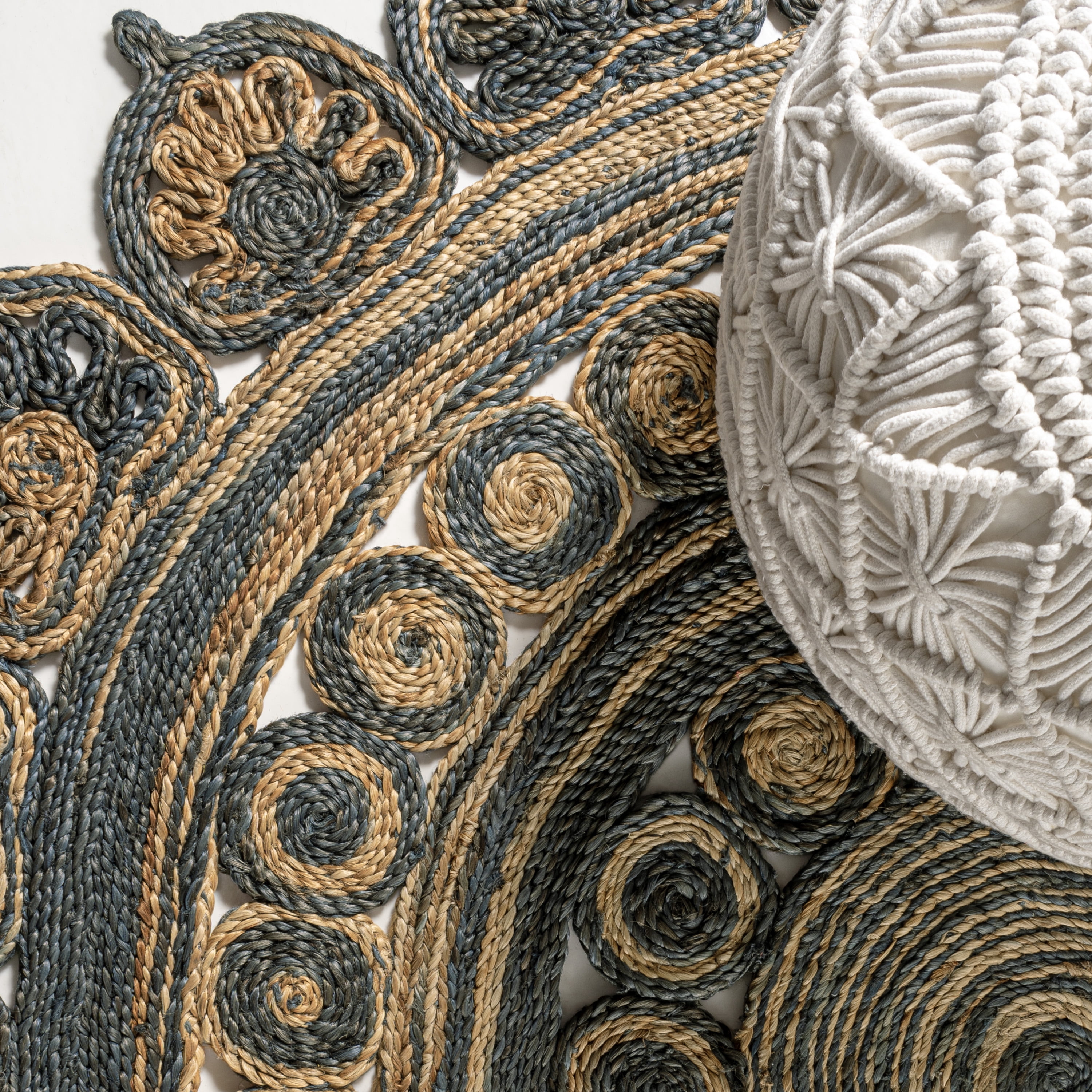 JONATHAN Y ANSA 4' Round Area Rug, Flora Medallion Bohemian Jute - Blue/Natural, RNF118A-4R