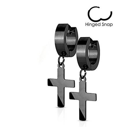 Dangling Cross Earrings (14MM Hoop Earrings Surgical Stainless Steel Rhodium Plated Earrings For Men Women Huggie Hypoallergenic Cross Dangle Hinged Hoop Earrings)