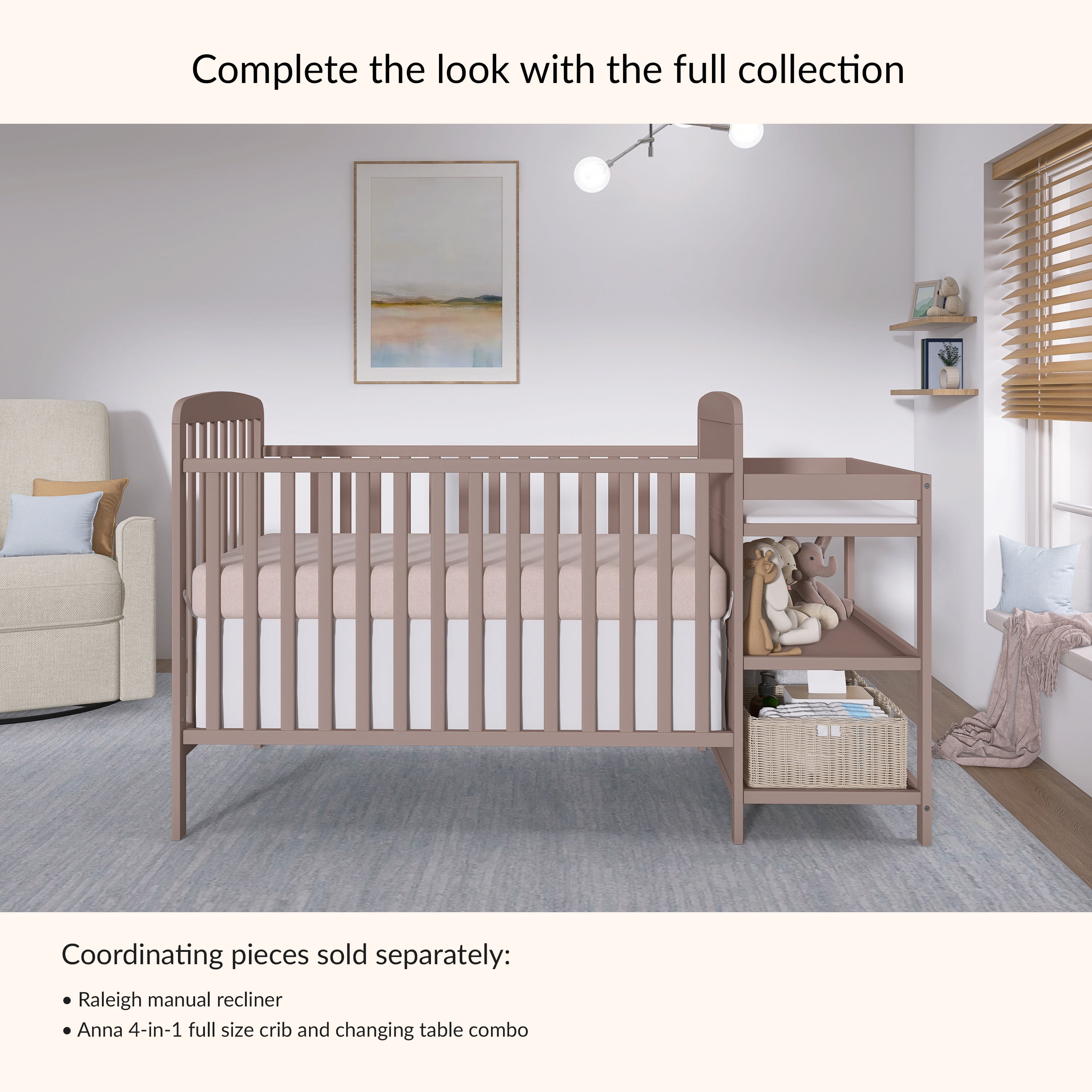 Dream On Me Anna 3-in-1 Convertible Crib with Changing Table Brown Sugar, Changing Pad Included, Converts from Baby Crib to Toddler Bed, Day Bed and Kids Sofa, 3 Adjustable Mattress Height Positions