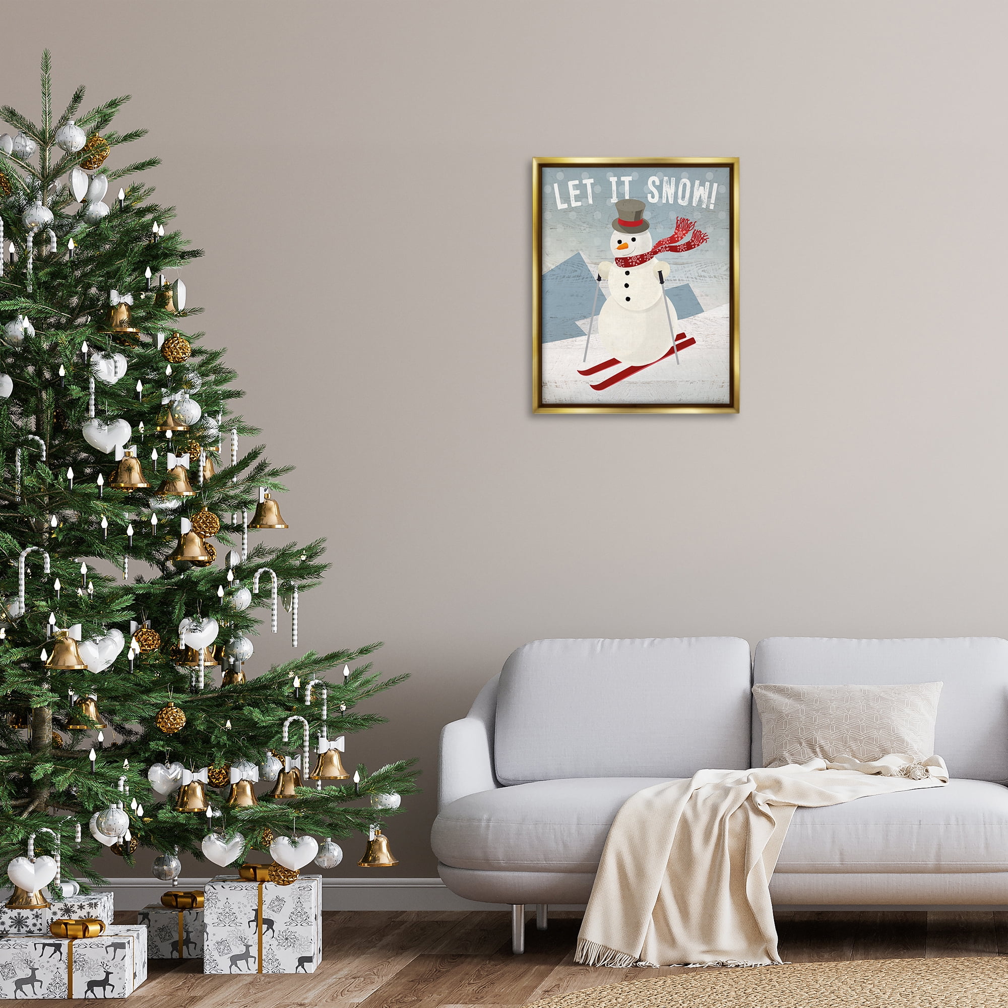 Stupell Industries Skiing Snowman on Slopes Holiday Painting Gold Floater Framed Canvas Art Prints Wall Art, 25 x 31
