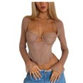 thumbnail image 3 of VISgogo, blusas cortas para mujer, camisas ajustadas huecas de corte bajo con cuello Halter de manga larga de malla de Color sólido para mujer VISgogo  moda, 3 of 9