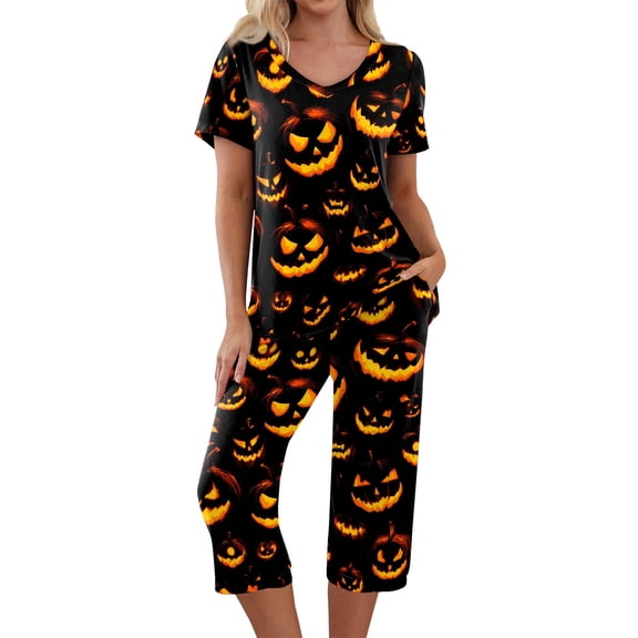 Womens Halloween Pajama Sets Halloween Active 2 Piece Set Women Sleepwear Short Sleeve Top and 7/8 Pants for Light Exercise, Lounge, Parties Black L
