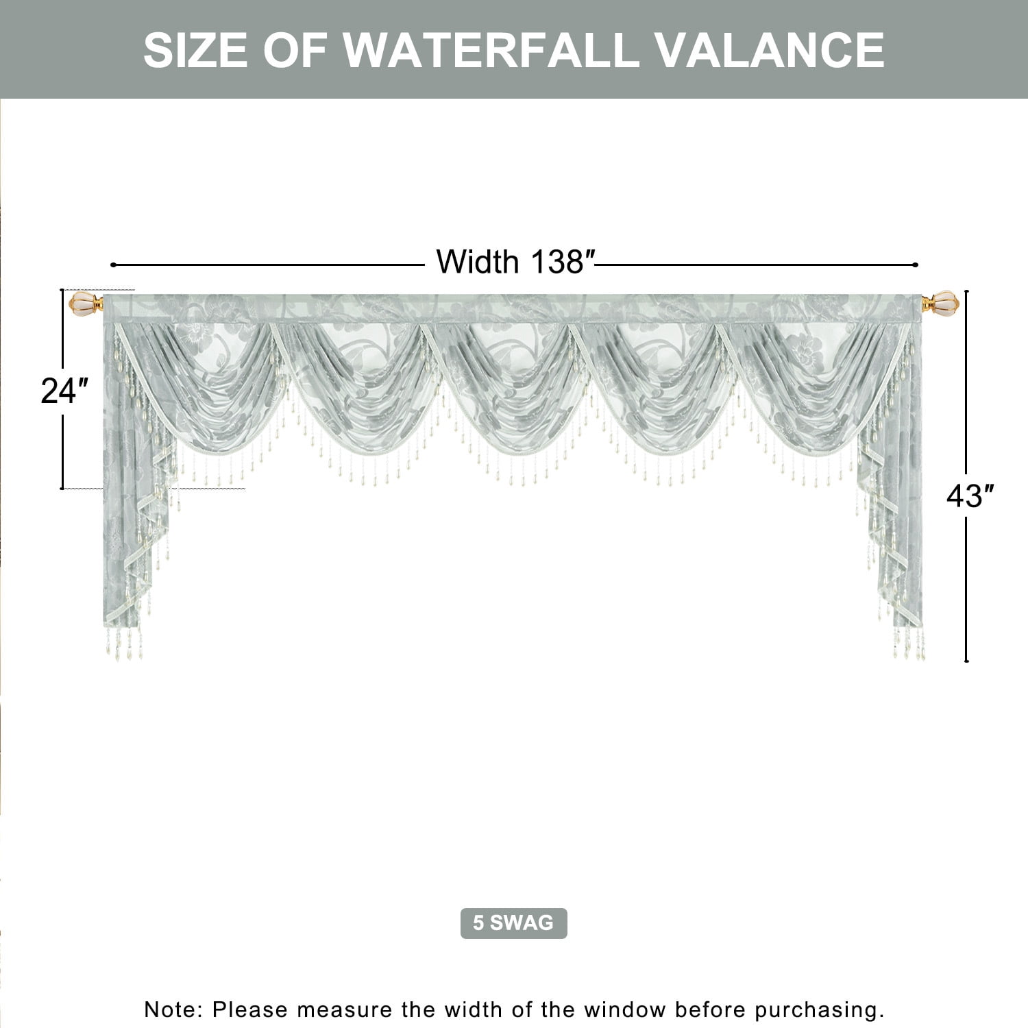 VOGOL Gray Beaded Floral Jacquard Waterfall Valance, Extra Wide Sheer Curtain, 43x138 inches, Modern Farmhouse Window Decor