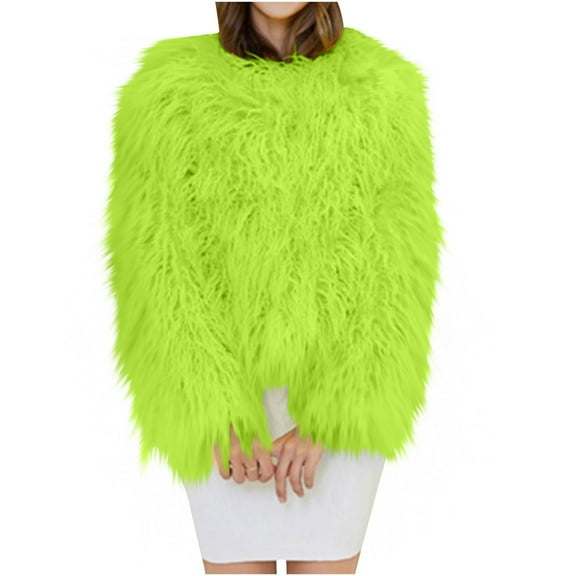 Hueook Faux Fur Coat Women Winter Solid Color Casual Extended Warm Jacket Green 3X