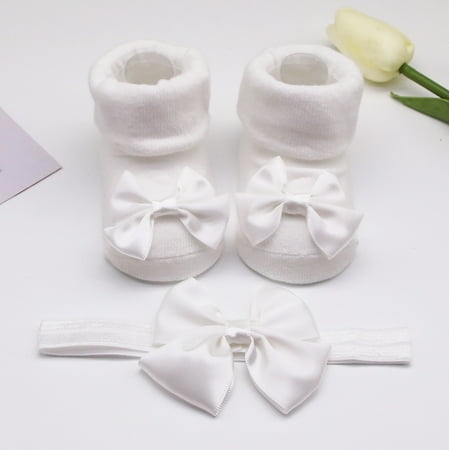 

LEEy-world Baby Socks Children Kids Soft Bottom Toddler Shoes Bowkot Princess Floor 1PC + 1PC Bow Hairband Organic Cotton (White M Infant)