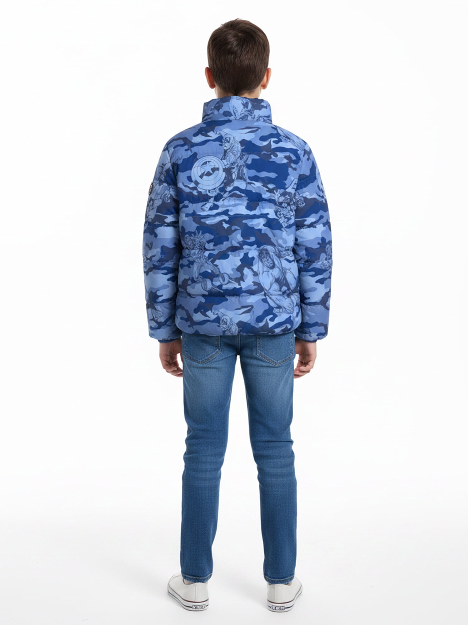 Boys’ Avengers Camo Print Puffer Jacket, Light Blue, Sizes XS–XL