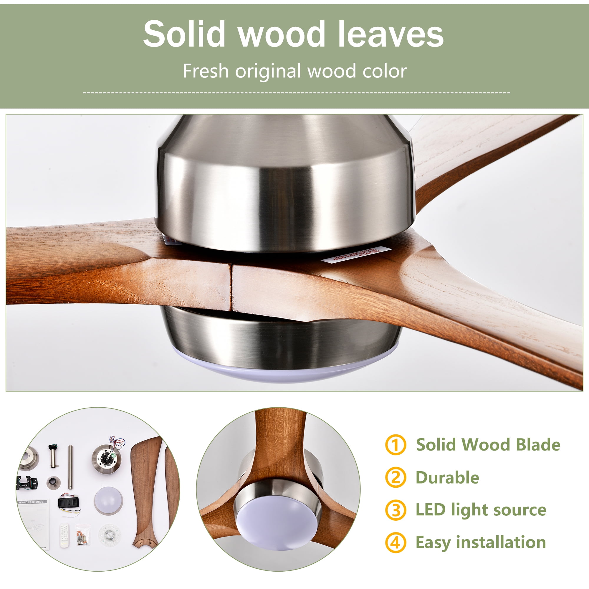 Leumius 52" Solid Wood Blades Ceiling Fan with Light and Remote Control,Quiet DC Motor 3 Blade Ceiling Fans 6 Speed Levels,Reversible for Patio Living Room Bedroom Office Nickel