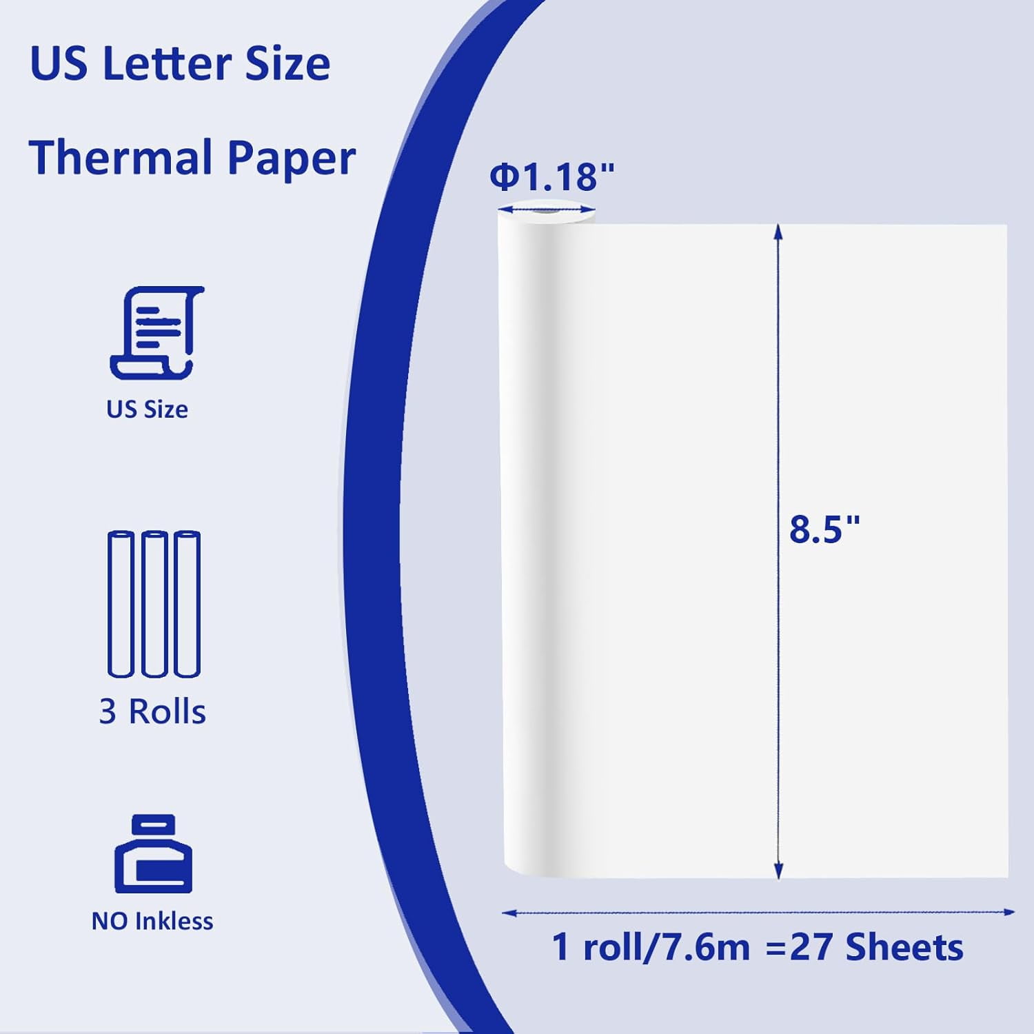 3 Rolls Thermal Printer Paper, Thermal Paper 8.5 X 11, A4 Printing Paper for Printer, Multipurpose US Letter Paper for Portable Printer, Printer Paper Roll for M08f M832 Inkless Printer