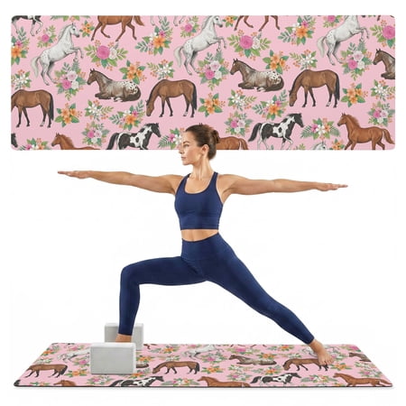 Yoga Mat Pink Flower Horse Yoga Mats with Strap & Shortage Bag Non Slip Workout Mats Absorbent Cushion Pad Floral Animal Exercise Mat for Yoga Pilates Stretching Floor Exercises Home Gym 72 x32