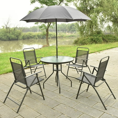Costway 6 Pcs Patio Garden Set Furniture Umbrella Gray With 4 Costway 6 Pcs Patio Garden Set Furniture Umbrella Gray With 4 Folding Chairs Table