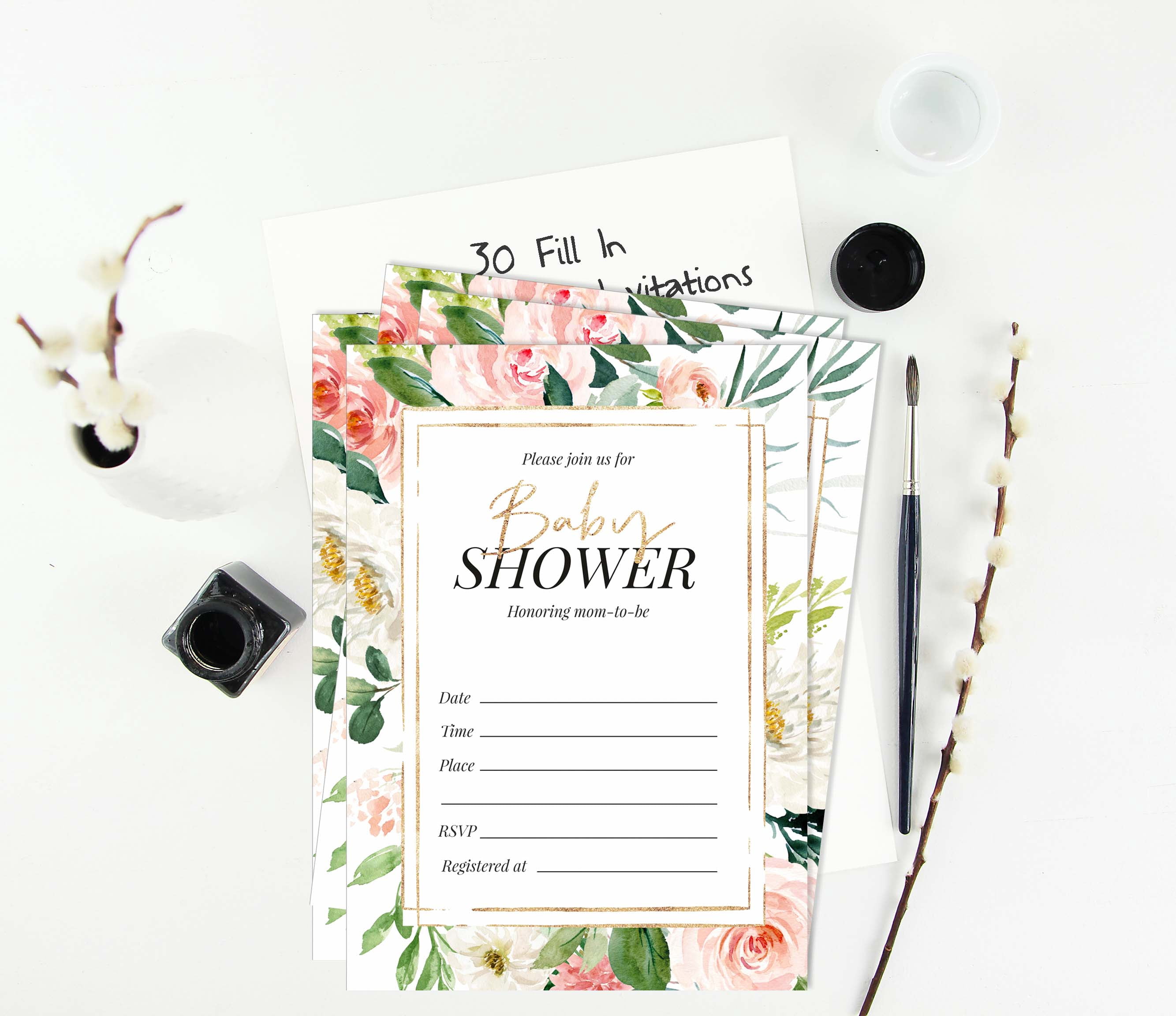 Inkdotpot 30Floral Baby Shower Invitation Cards Gender Neutral Fill In Blank Invites