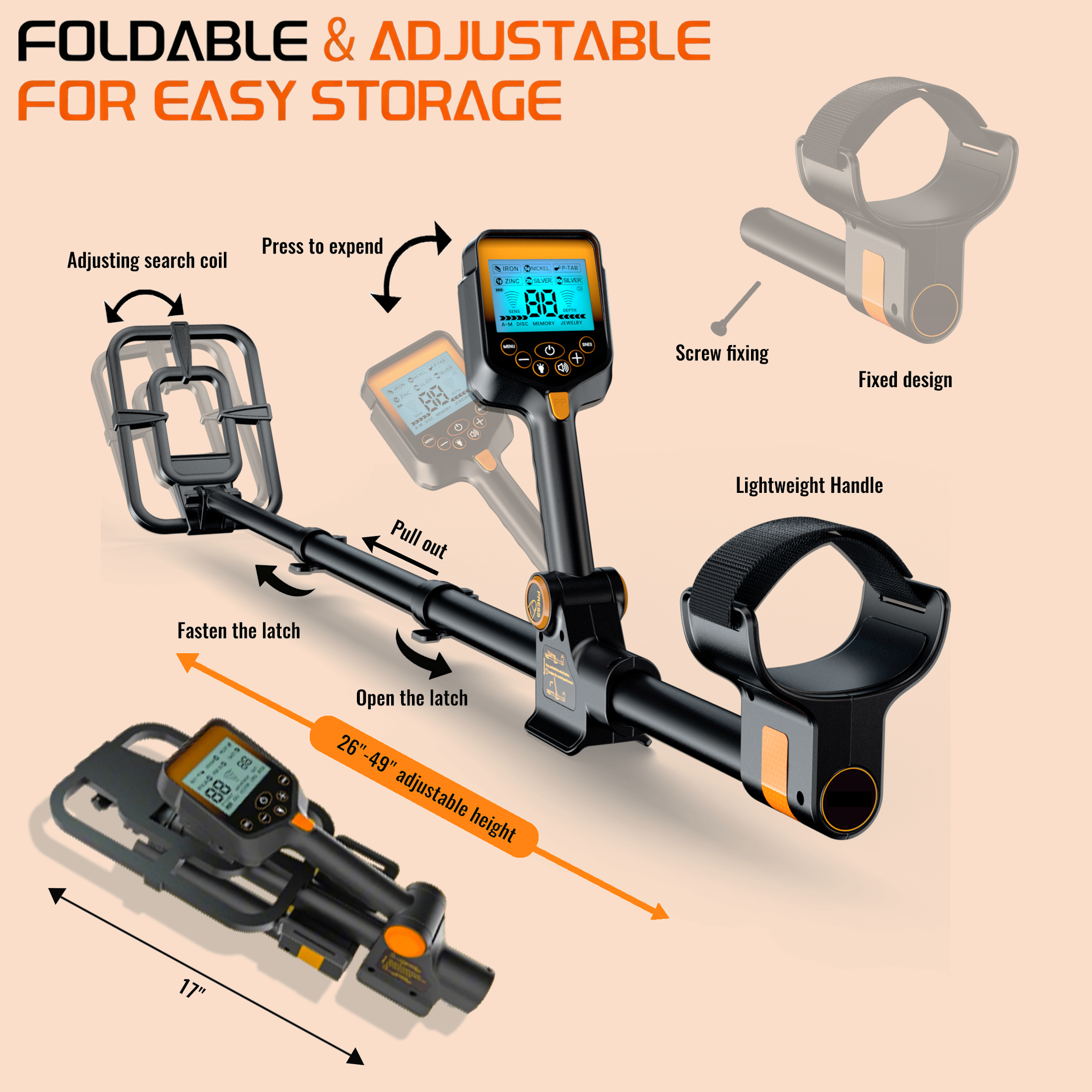 ANEKEN Professional Metal Detector - Waterproof, Foldable, High Accuracy, Rechargeable, Includes Carry Bag & Shovel