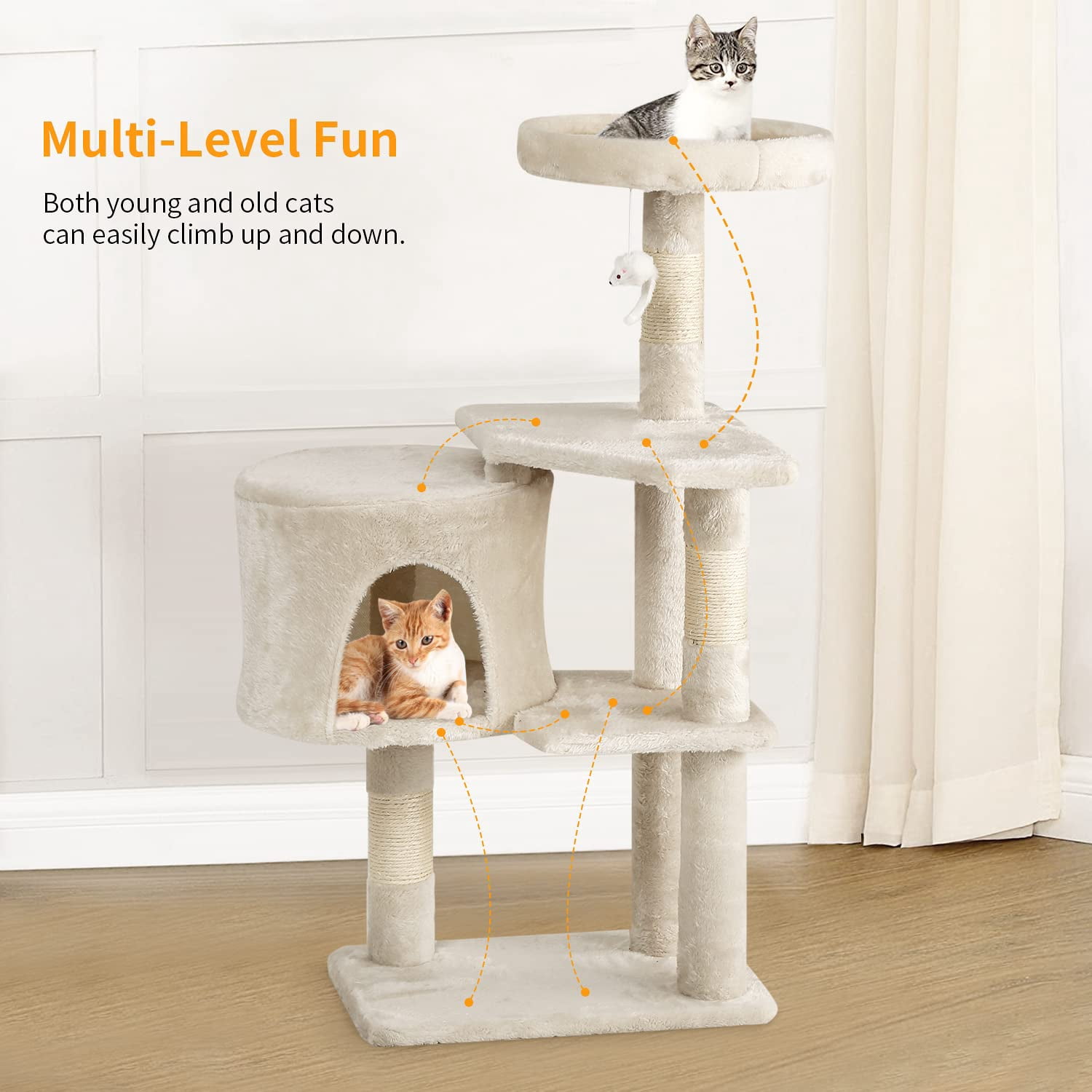 NiamVelo 36 Inch Cat Tree Cat Tower for Small Cats, Plush Multi-Level Cat Condo with Scratch Post Kittens Playhouse Furniture Set, Beige
