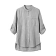 thumbnail image 6 of Mandarin Stand Collar Full Button Up Roll Tab Sleeve Chest Pocket Asymmetric High Low Hem Crinkle Cotton Linen Shirt for Women Spring Summer Casual Office Wear, 6 of 9