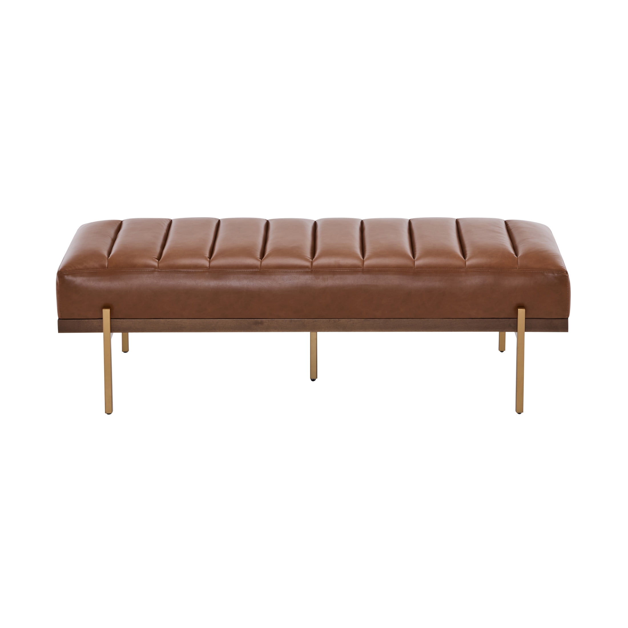 Modern PU Upholstered Bench with Channel Tufting, Metal Base, Brown+Gold