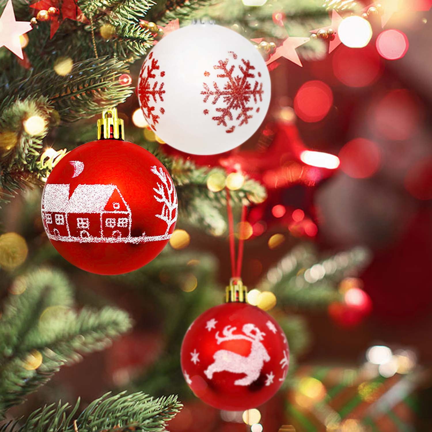 HadinEEon Christmas Ornaments Set, 16pcs Christmas Balls for Xmas Tree Decoration, 2.36 Inch Xmas Hanging Decor, Red and White