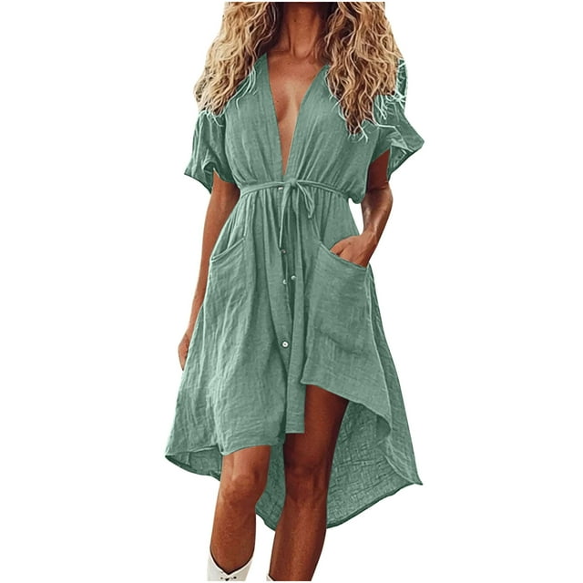 Liquidation d'Été 2025! Robe d'Été en Solde pour Femmes, Robes Courtes d'Été pour Femmes Manches Courtes Bloc de Couleur Ample Tendance Imitation Coton et Lin Mini Robe avec Bouton Poche