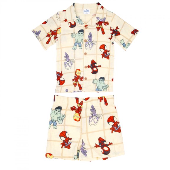 Marvel Spidey and Friends Boys 2-Piece Cabana Set  Collared Short Sleeve Gauze Shirt & Matching Shorts  Summer Outfit