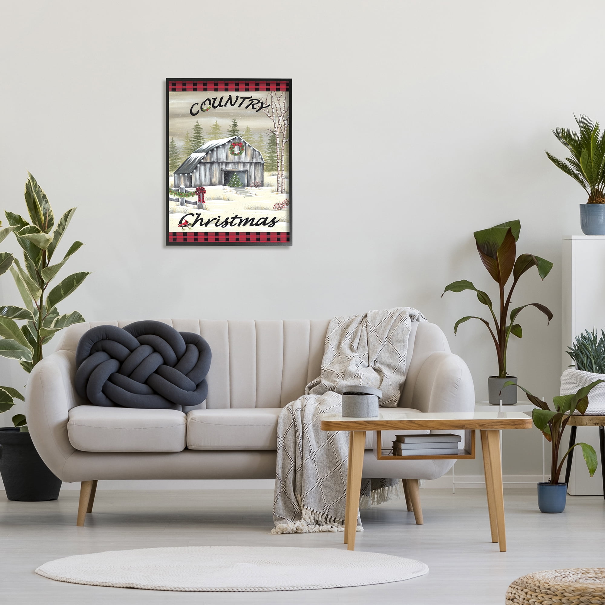 Country Christmas Festive Snowy Farmland Tartan Border Inspirational Graphic Art Framed Art Print Wall Art