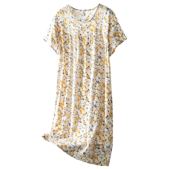 Yuanlong Womens Nightgown Round Neck Short Sleeve Yellow Floral Print Sleepshirts Daily Home Loose Comfortable Loungewear