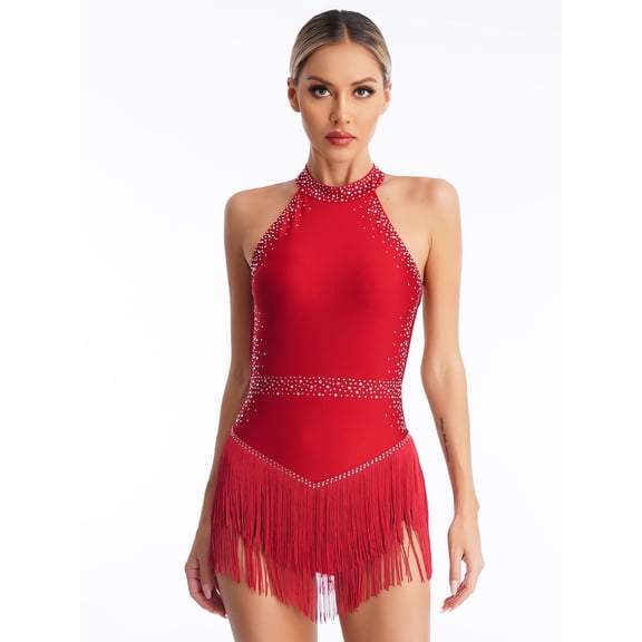 Xnihocha Women Rhinestone Latin Dance Leotard Fringe Salsa Rumba Ballroom Dance Cocktail Dress Burgundy S