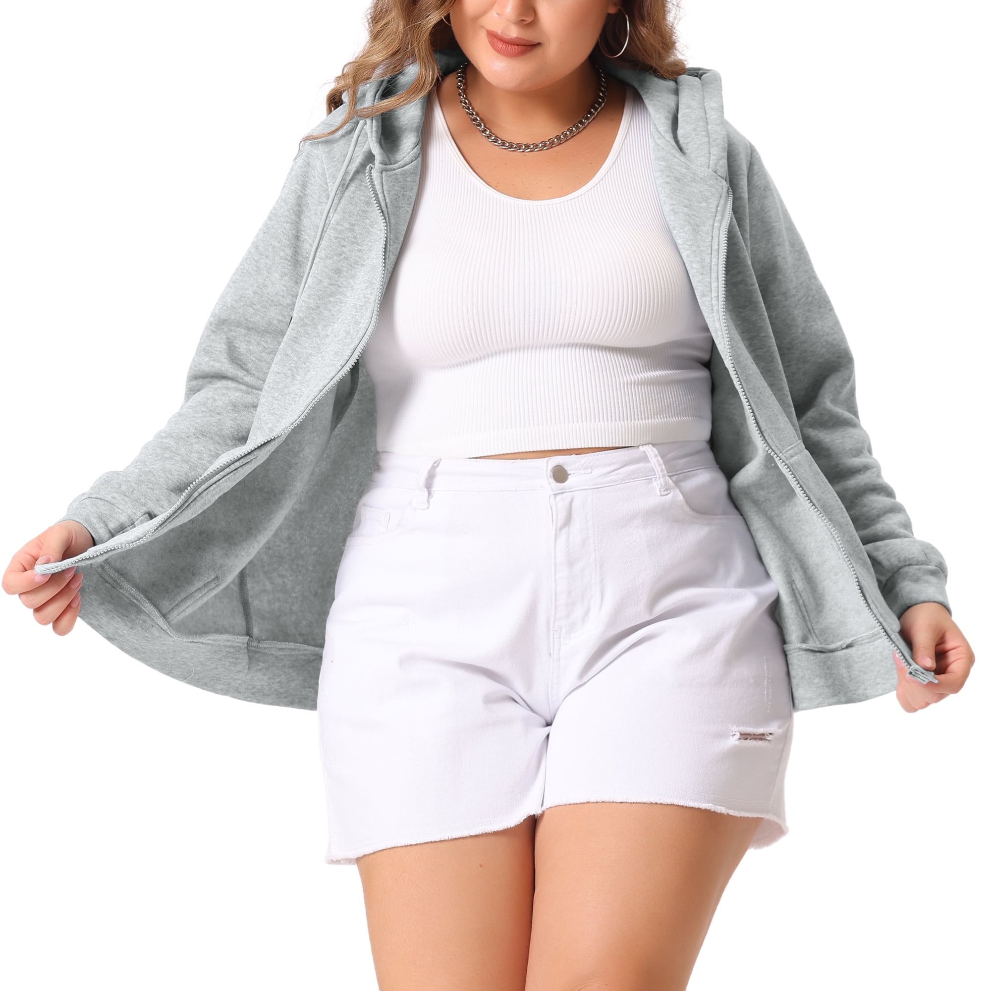 DARING DIVA Plus Size Zip Up Long Sleeve Hooded Jacket 1X Grey