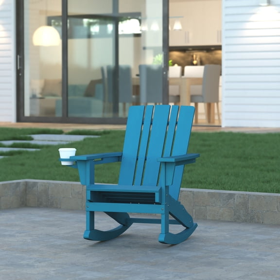 Emma Oliver Adirondack Rocking Chair with Cup Holder, Weather Resistant HDPE Adirondack Rocking Chair in Blue