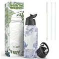 thumbnail image 4 of Stainless Steel Sports Water Bottle - THILY Vacuum Insulated 32 oz Leakproof Wide Mouth Water Flask with 2 Lids and Straws, Keep Hot 12 Hours Cold 36 Hours, BPA Free, Blue Marble, 4 of 4