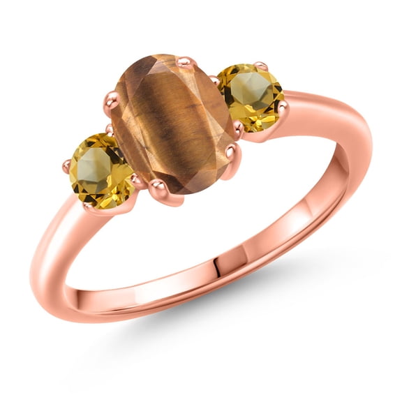 Gem Stone King 1.76 Ct Oval Brown Tiger Eye Yellow Citrine 18K Rose Gold Plated Silver Ring (Size 9)