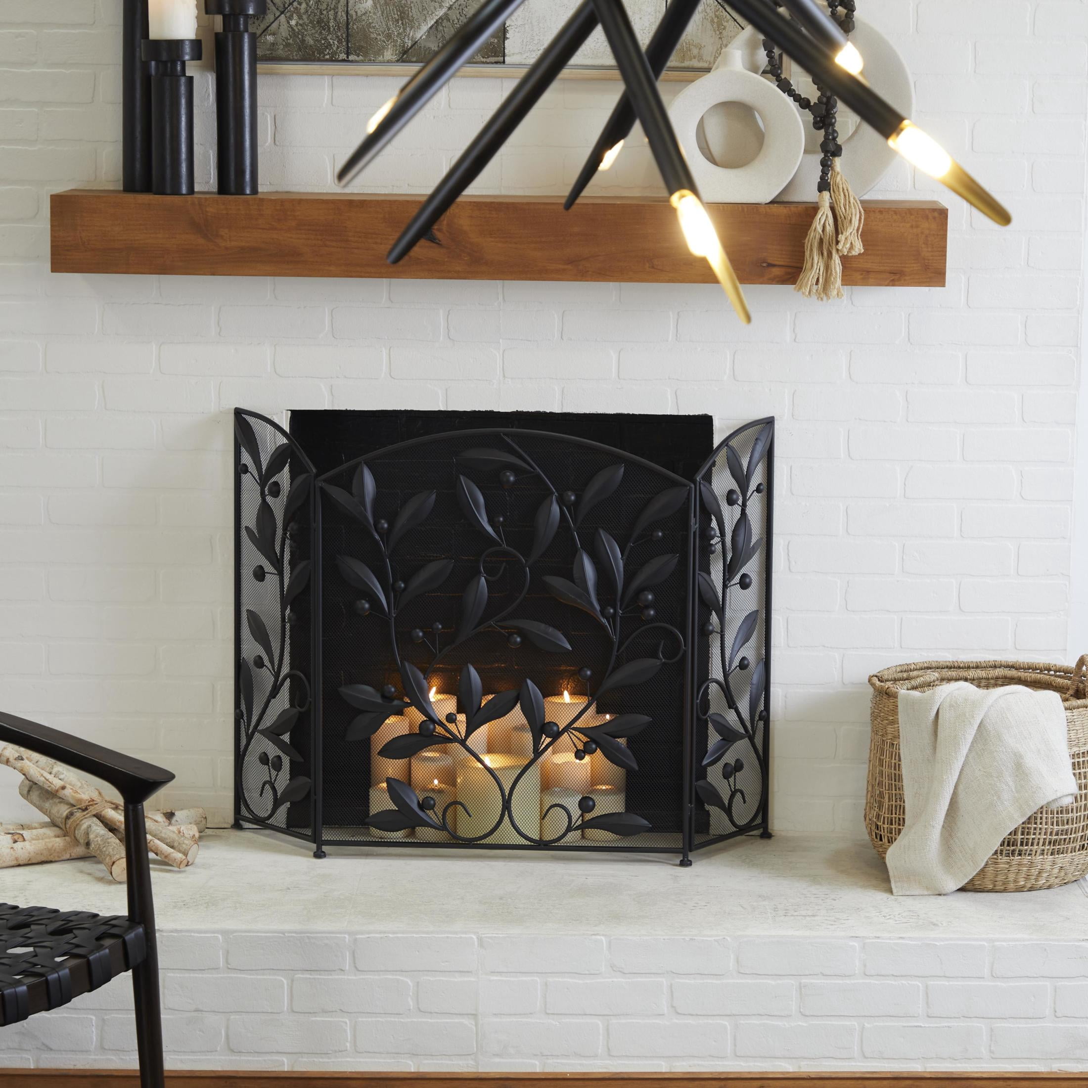 DecMode 45" x 30" Black Metal Foldable Mesh Netting 3 Panel Scroll Fireplace Screen with Leaf and Vine Relief, 1-Piece