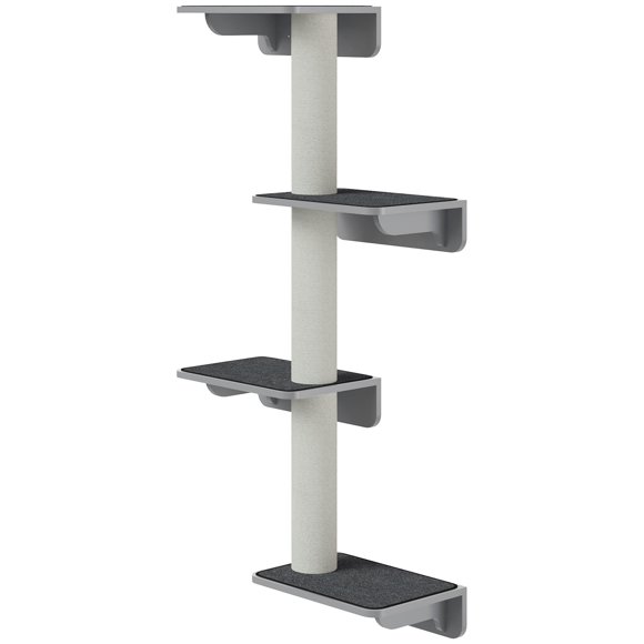 PawHut Light Grey Wall-Mounted Cat Shelf: 4 Platforms & 3 Jute Scratching Posts, MDF Cat Climber for Lounging & Play, 26"W x 53.9"H, Saves Floor Space