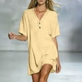thumbnail image 5 of Ygbgbb Women V‑Neck Henley Mini Tunic Dress, Short Sleeve Half‑Placket Loose Fit Casual Shift Dress for Beach Cover‑Up and Everyday Summer Wear Yellow M, 5 of 8
