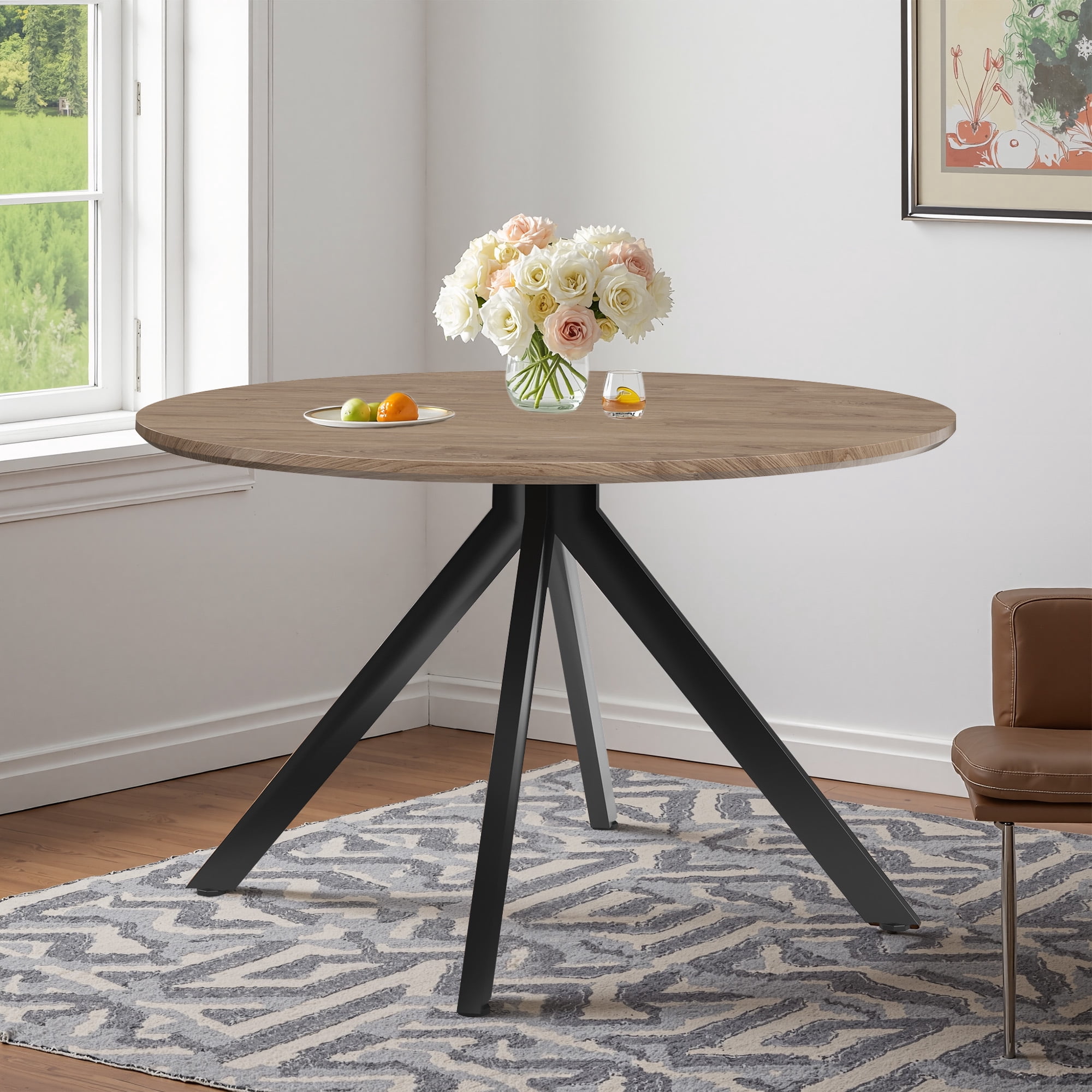 MAYEERTY 47"Round Wooden Dining Table, Metal Frame, Fits 4-6,for Kitchen, Dining, Living Room, Brown