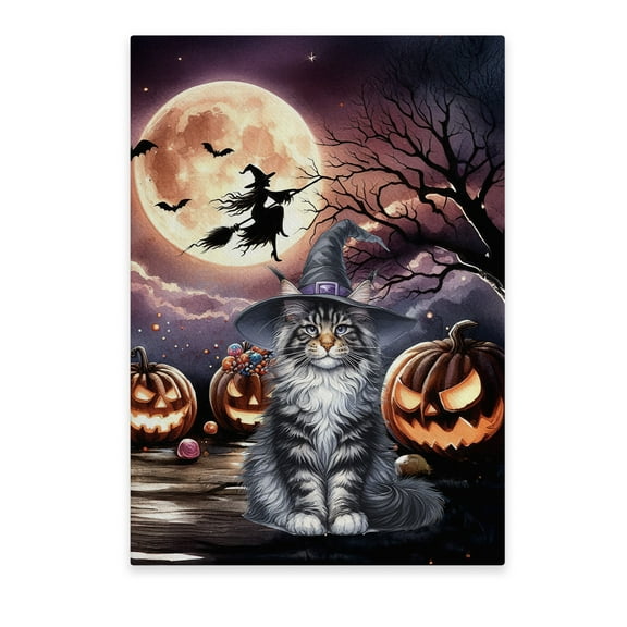 Spooky Halloween Night Witch Maine Coon Glowing Pumpkins Vertical Matte Canvas Poster Cat Lover Kitten Owner Gifts Wall Art Home Decor - 12015