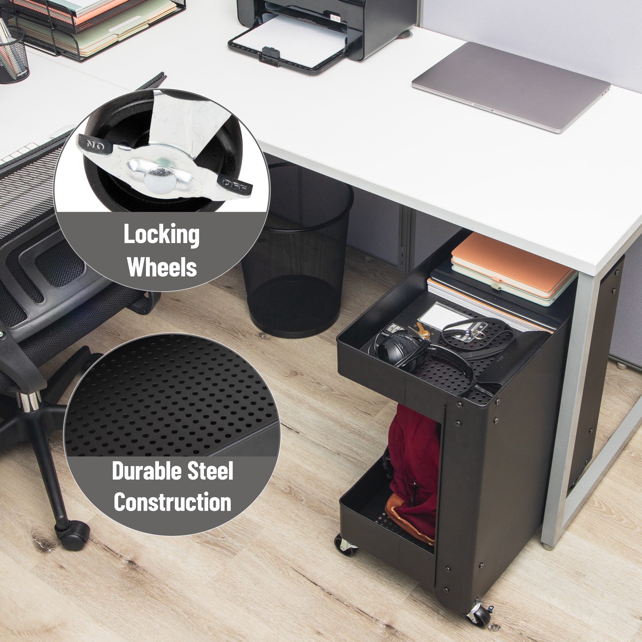 Mind Reader Under Desk Rolling Cart, 2-Tier Steel Utility Organizer, No Assembly Required, 12"L x 20"W x 23.5"H, Black