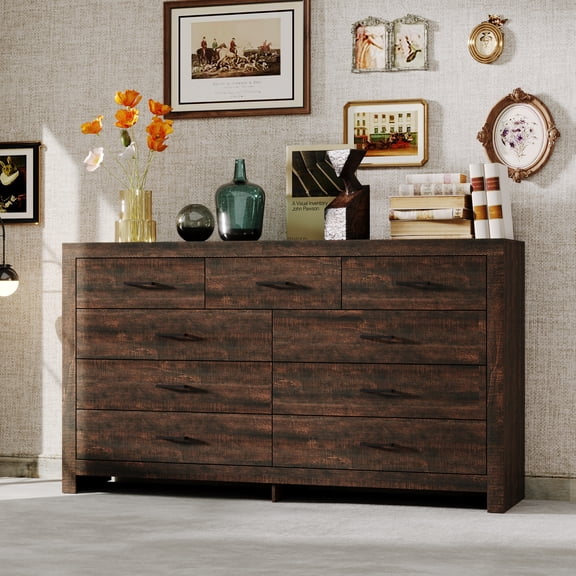 KULAGAGA 9 Drawer Dresser for Bedroom, Wide Dresser with Drawer Organizer, Wood Grain Chest of Drawers, 63" W Chests Organizer with Easy Pull Handles for Living Room, Entryway, Brown
